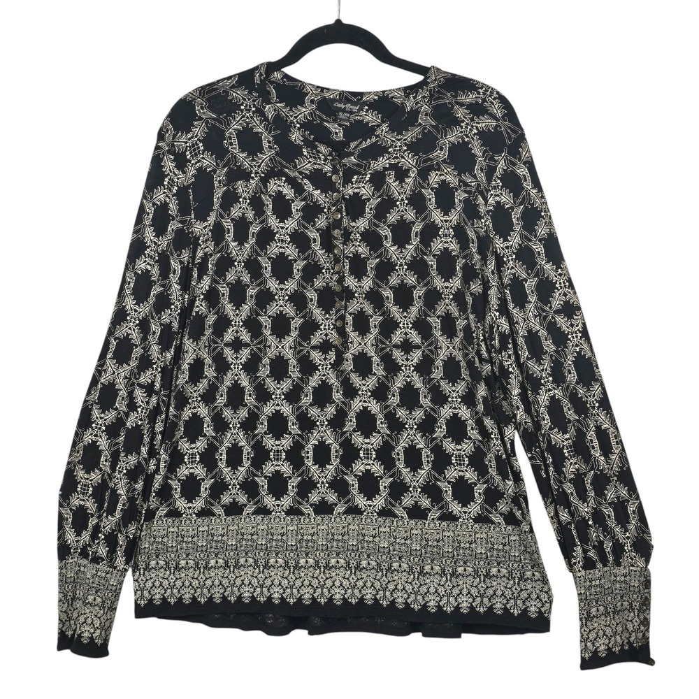 Lucky Brand Womens XL Black Cream Geometric Print Henley Long Sleeve Viscose Top